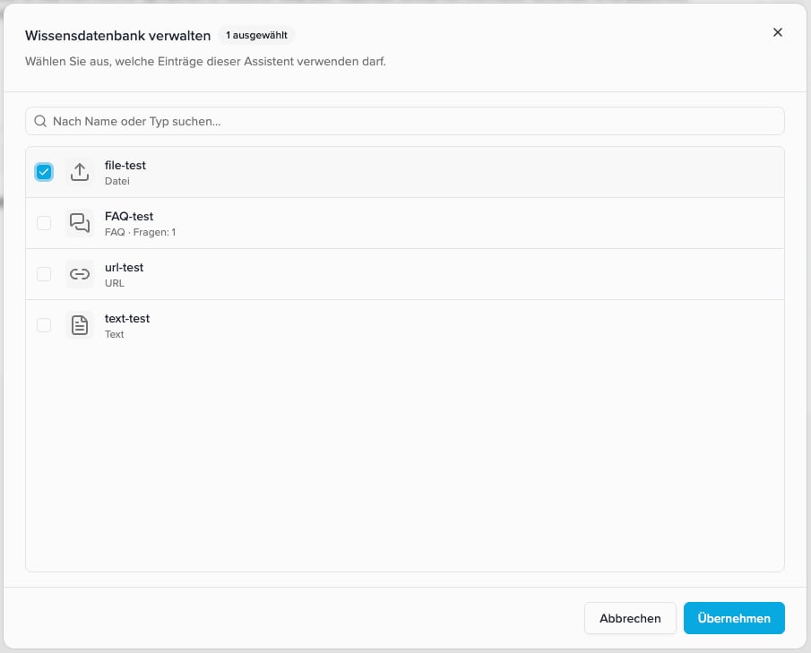 Manage Knowledge Base with a search field, checkboxes for File, FAQ, URL, and Text, and the Apply button