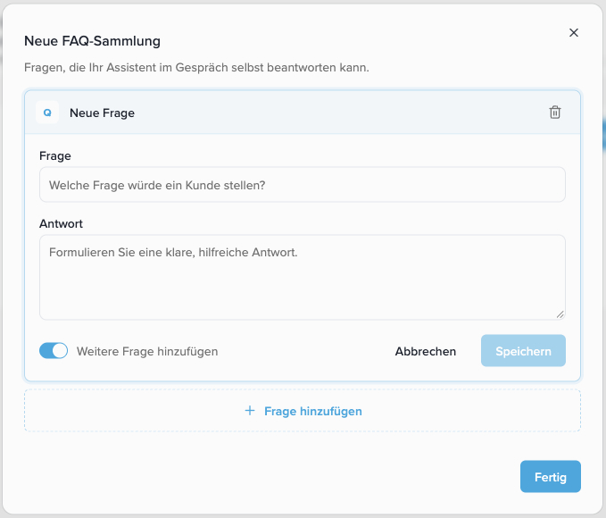 FAQ editor with the inline-editable collection name, Question, Answer, the enabled Add another question switch, and the Save and Done buttons