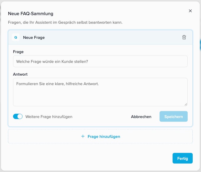 FAQ editor with the inline-editable collection name, Question, Answer, the enabled Add another question switch, and the Save and Done buttons