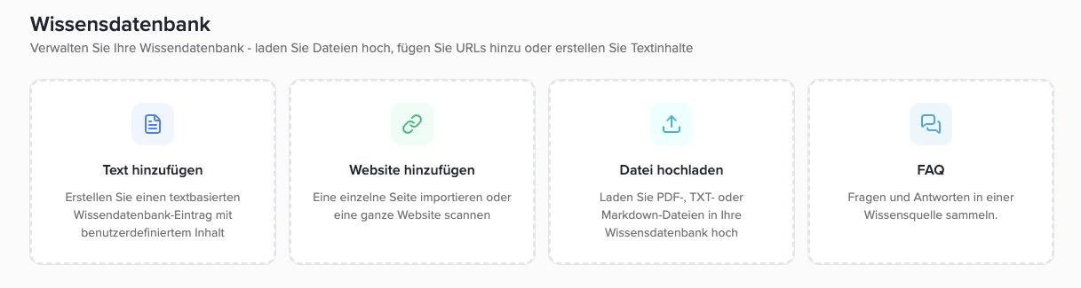 Knowledge Base with Add text, Add website, Upload file, and FAQ
