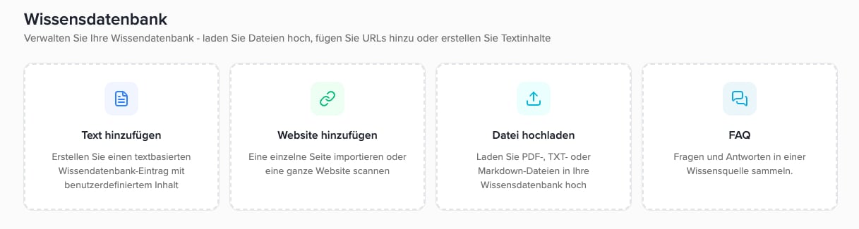 Knowledge Base with Add text, Add website, Upload file, and FAQ