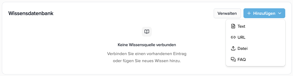 Knowledge Base in the wizard with the Add menu open: Text, URL, File, and FAQ