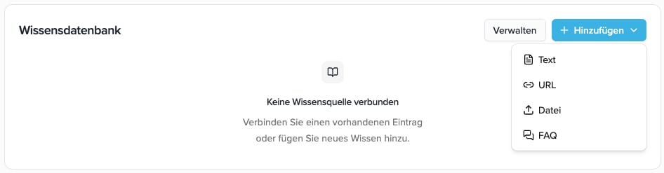 Knowledge Base in the wizard with the Add menu open: Text, URL, File, and FAQ