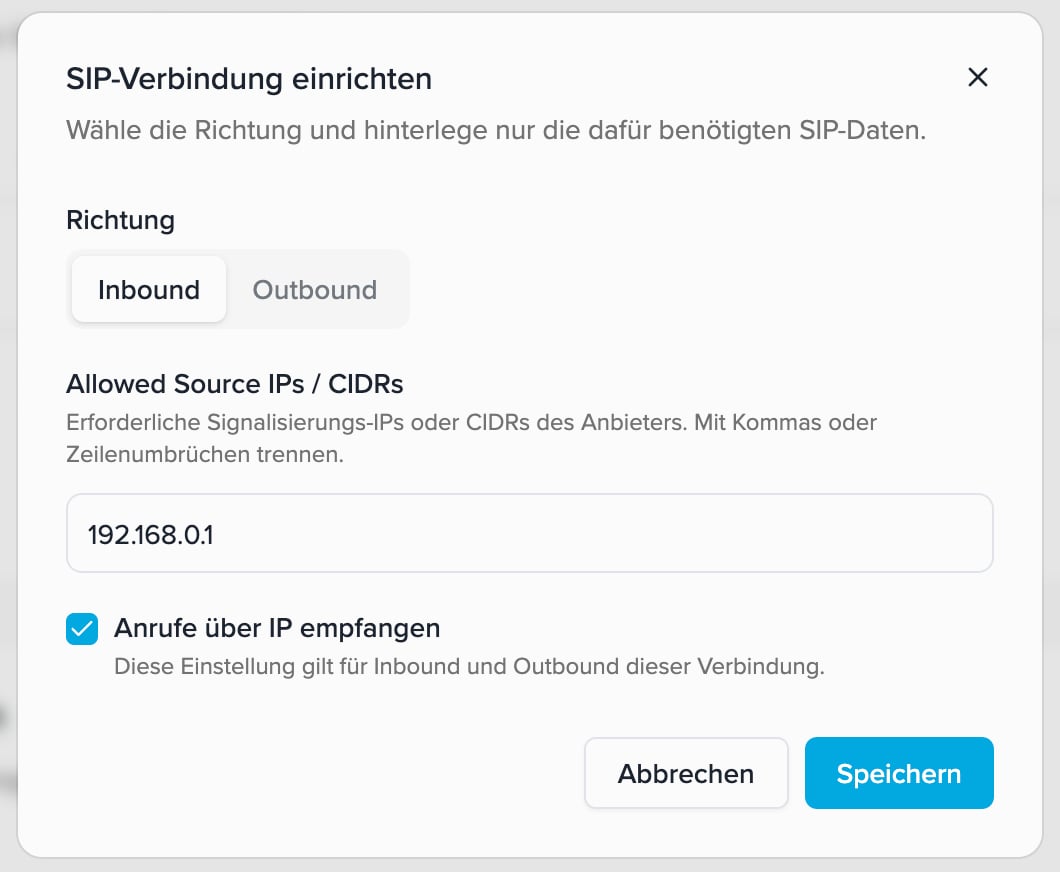 Eingehende SIP-Verbindung mit erlaubten Quelladressen und IP-Modus