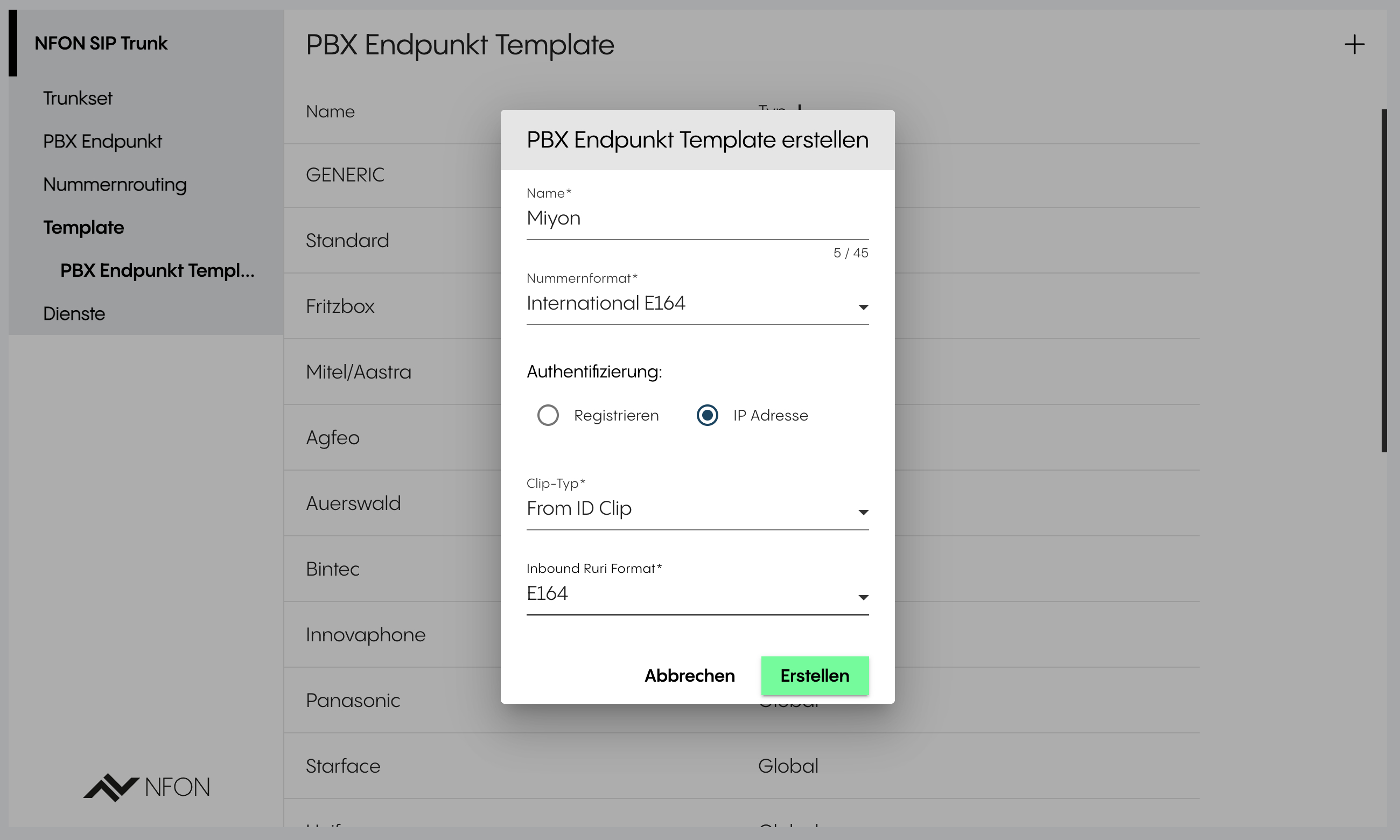 PBX-Endpunkt-Template mit IP-Authentifizierung und E164 erstellen