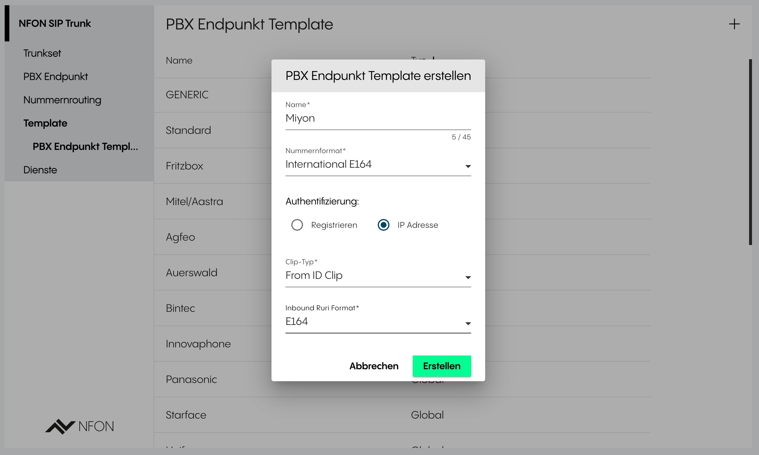 PBX-Endpunkt-Template mit IP-Authentifizierung und E164 erstellen