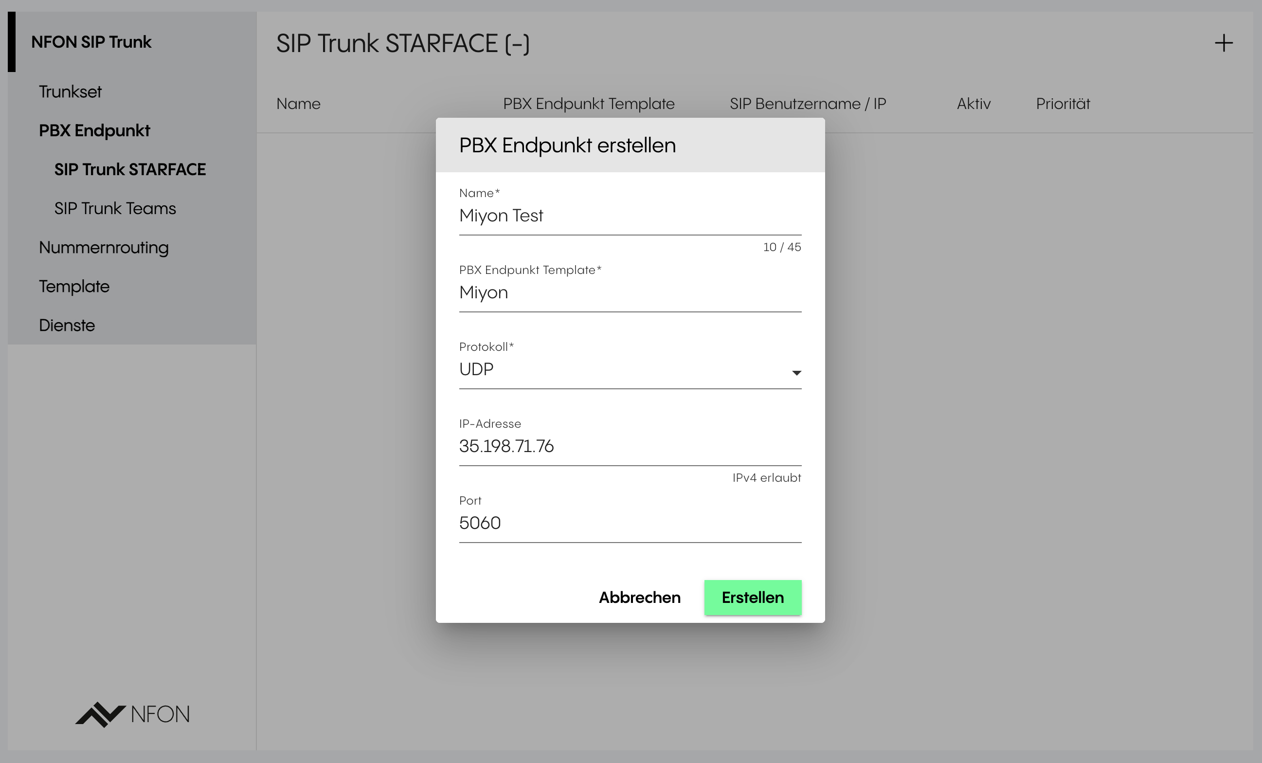 PBX-Endpunkt mit Gateway-IP, UDP und Port 5060 erstellen