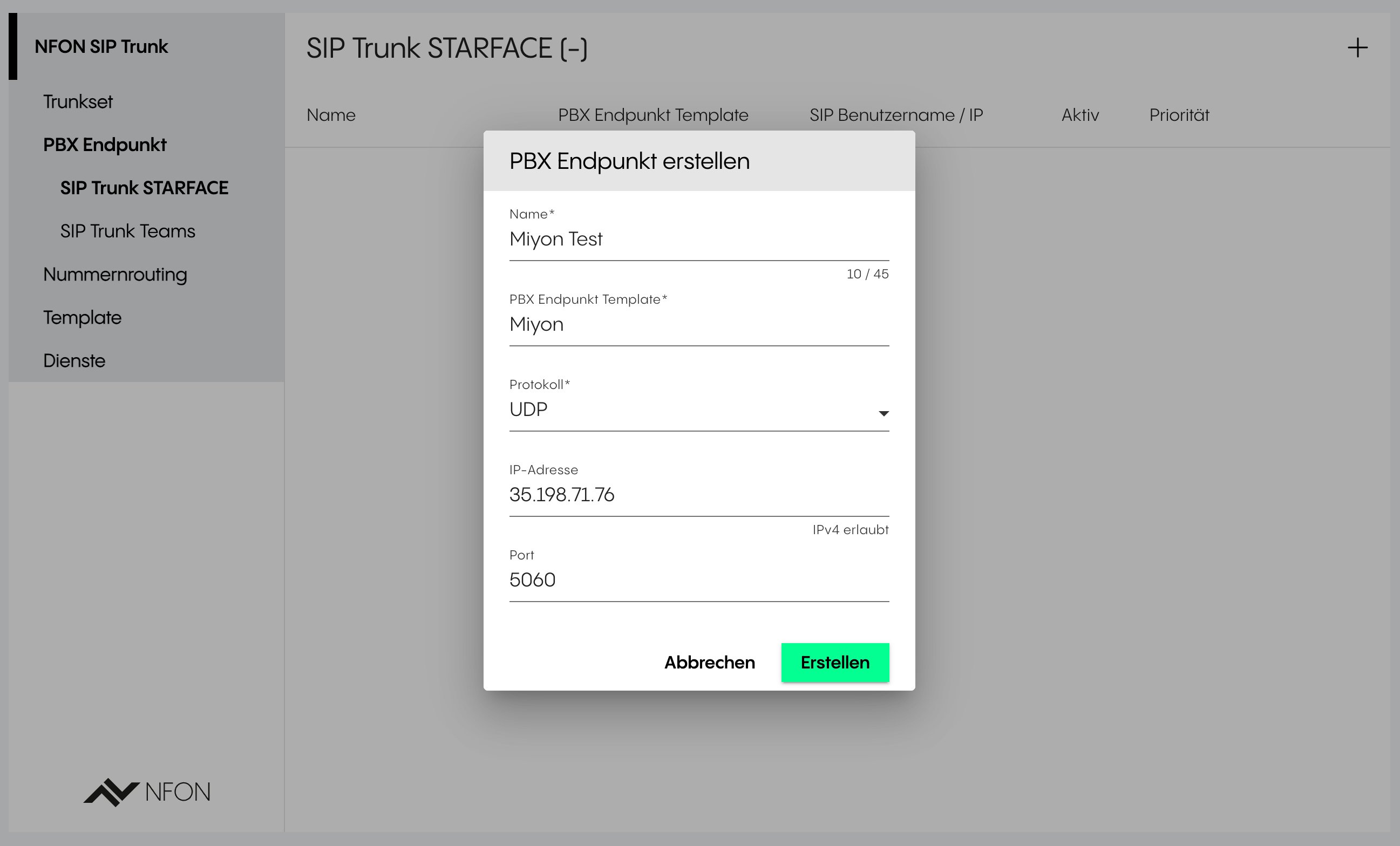 PBX-Endpunkt mit Gateway-IP, UDP und Port 5060 erstellen