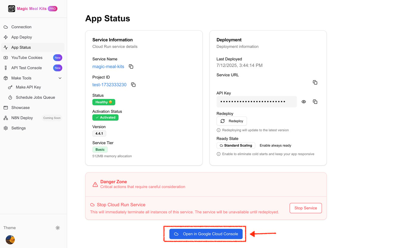 Open in Google Cloud Console button on the Magic Meal Kits App Status screen