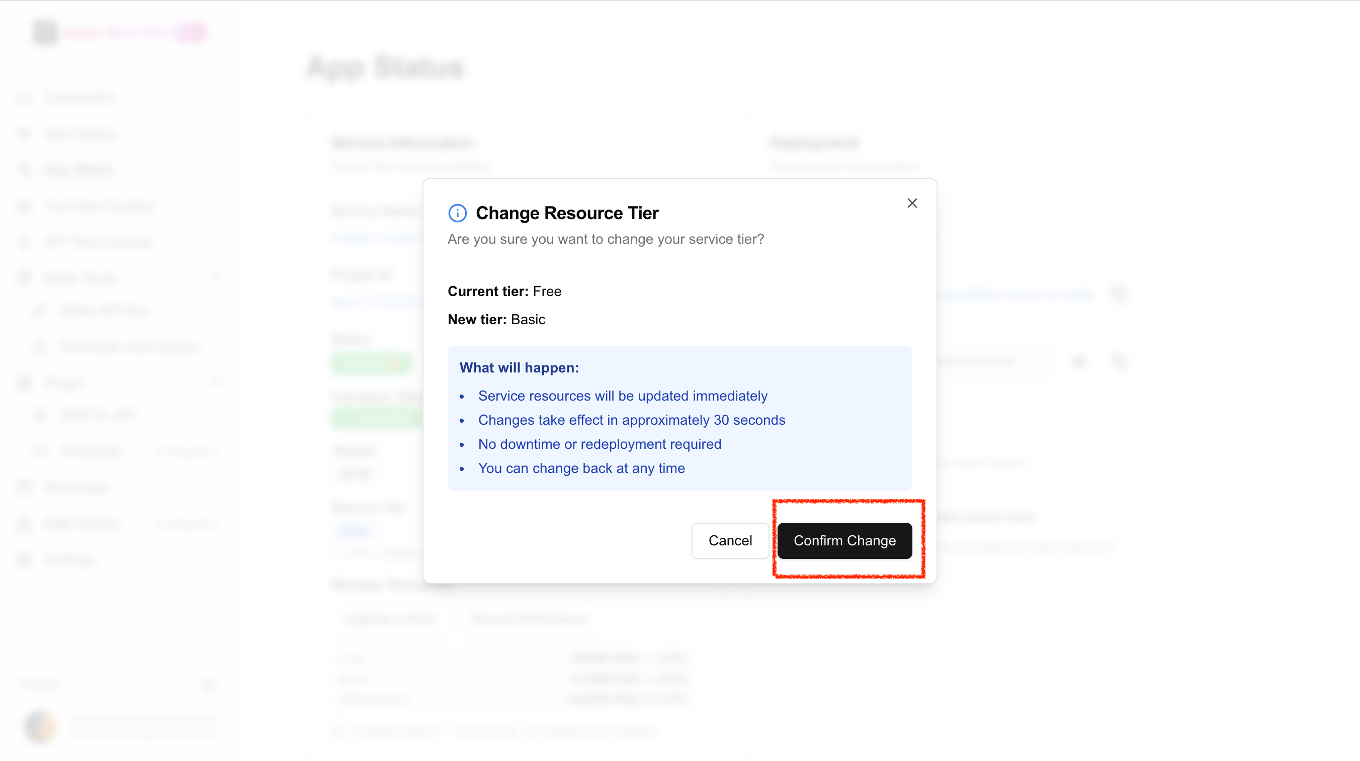 Upgrade to Basic and Confirm Changes buttons