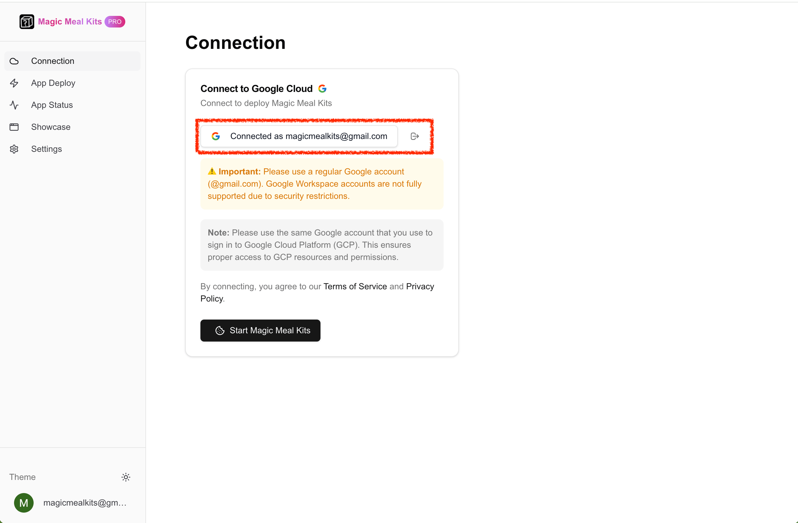 Signed-in Google Cloud connection screen