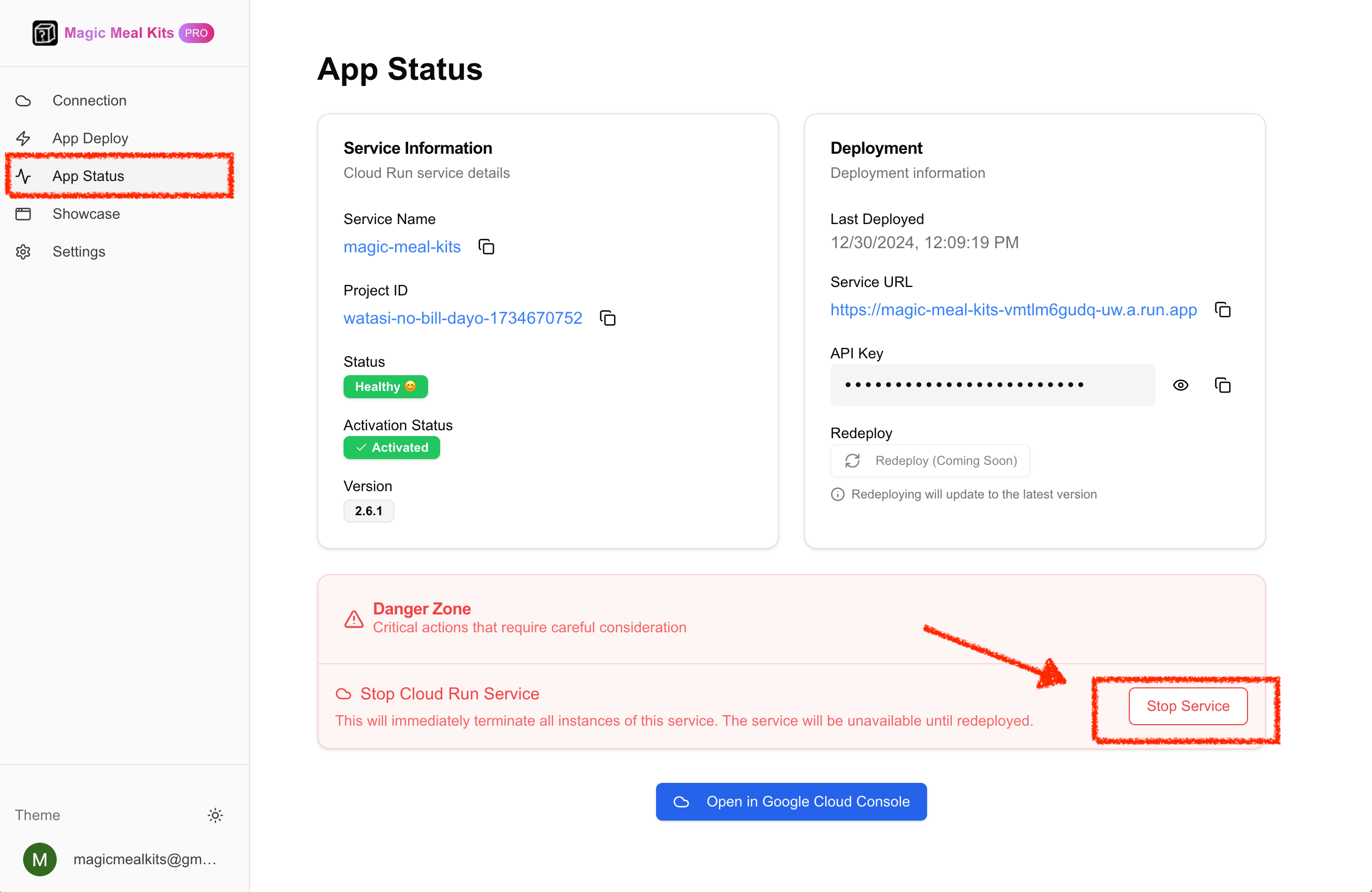Magic Meal Kits App Status page