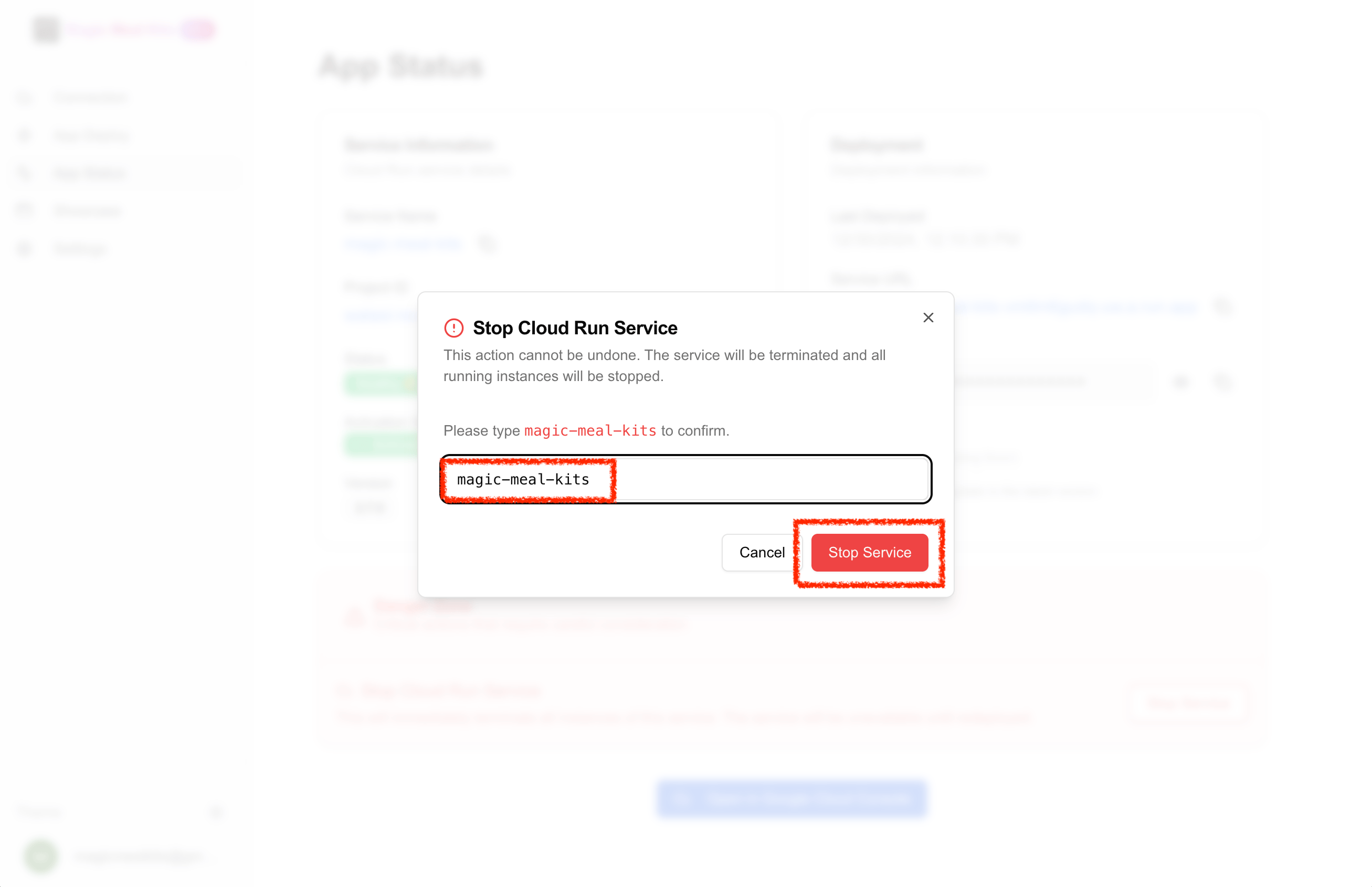 Stop Service confirmation, typing magic-meal-kits