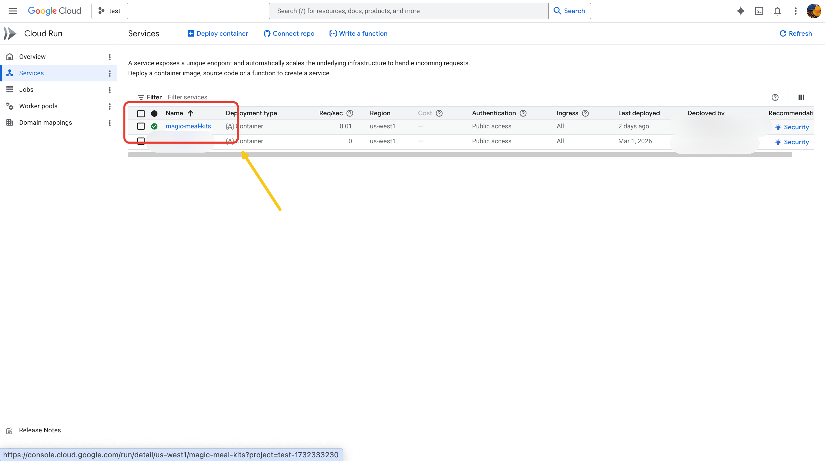 Selecting the magic-meal-kits service in Google Cloud