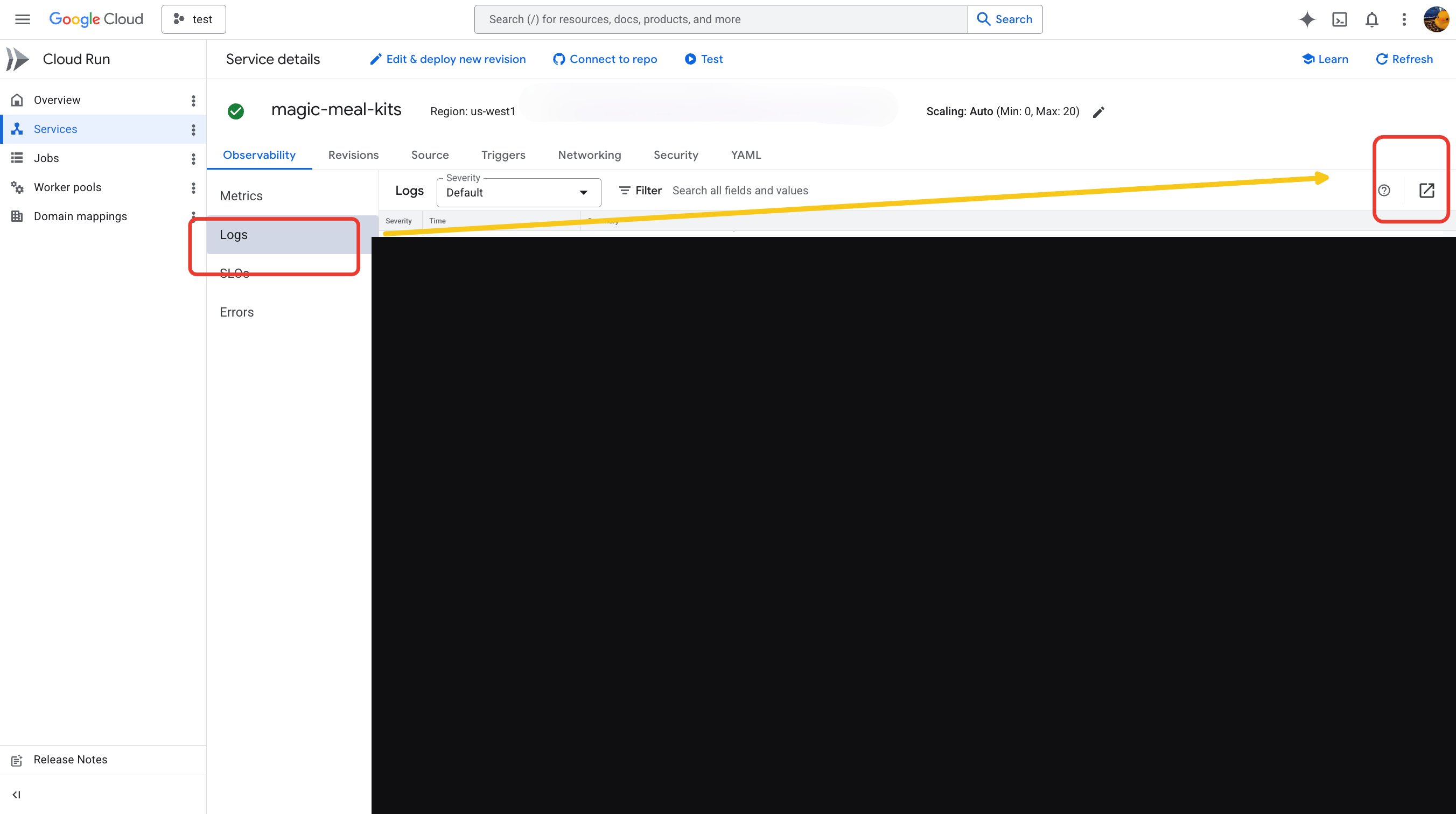 Logs menu in Google Cloud