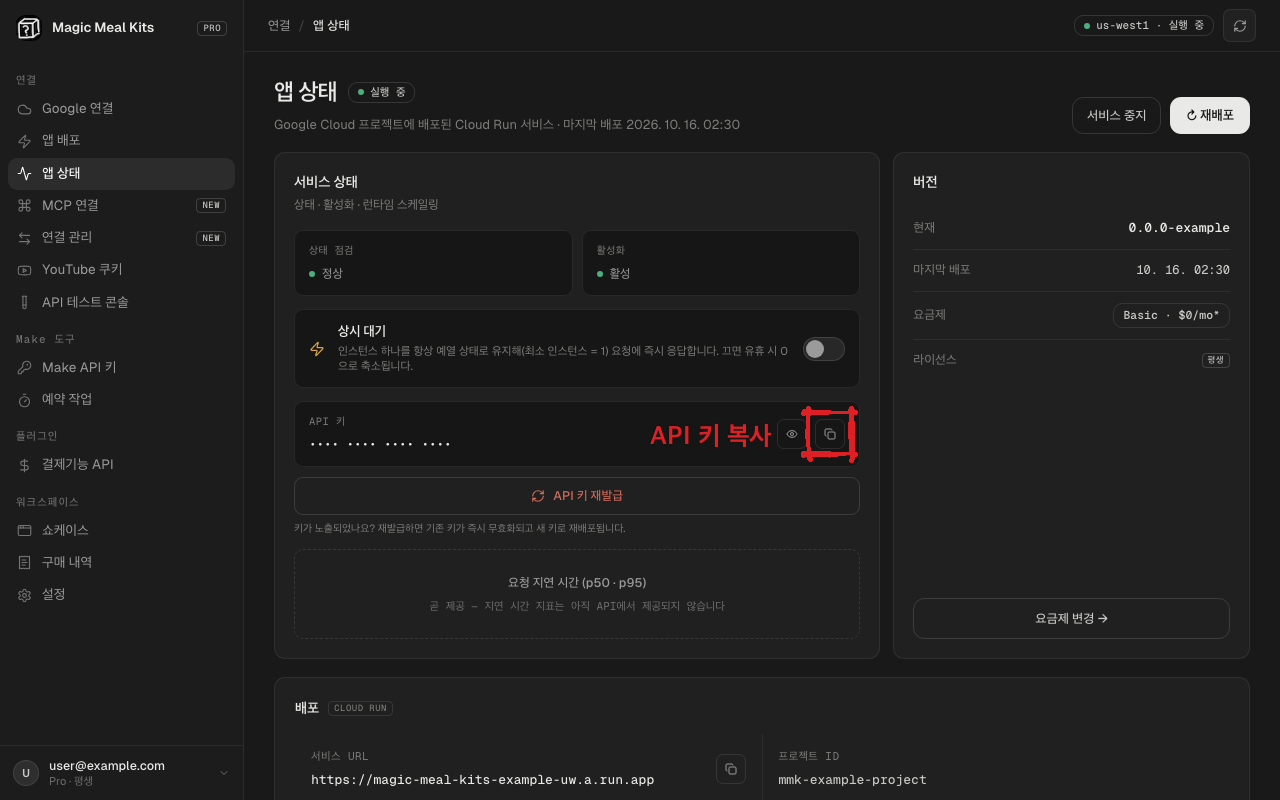 API key copy button on the App Status screen