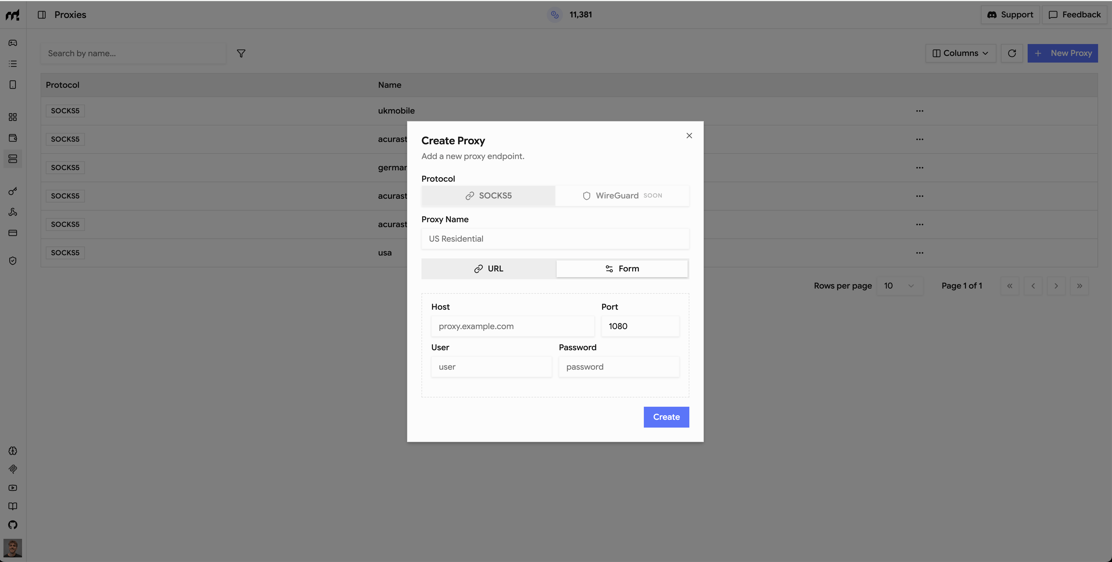 Create proxy form in the Mobilerun dashboard