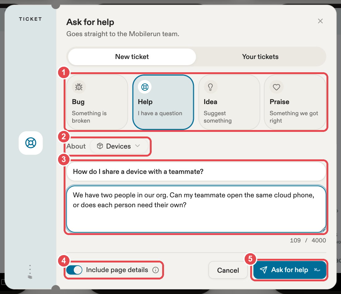 The new ticket dialog with five numbered red markings: kind, About, title and details, Include page details, and the send button