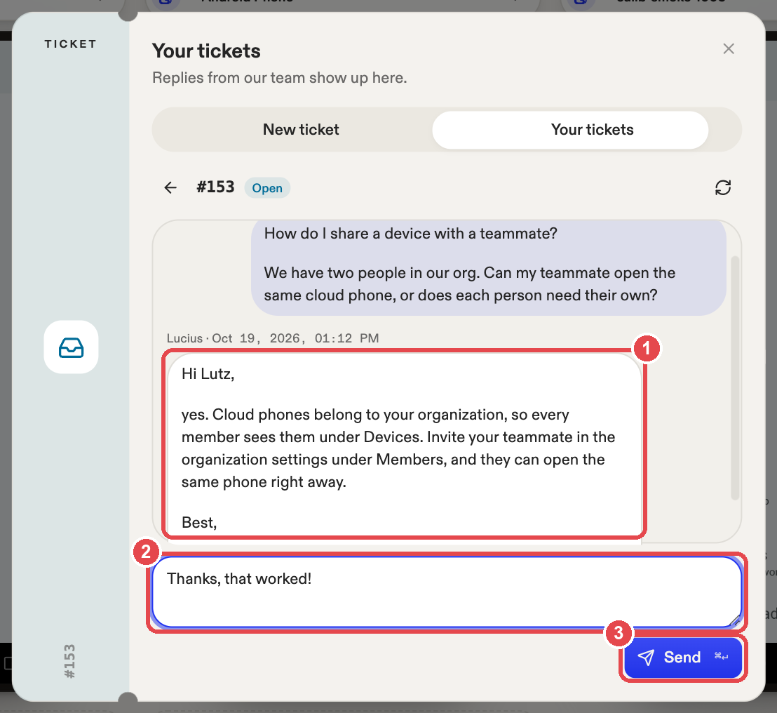 A ticket thread with three numbered red markings: the team's reply, the reply box, and the Send button