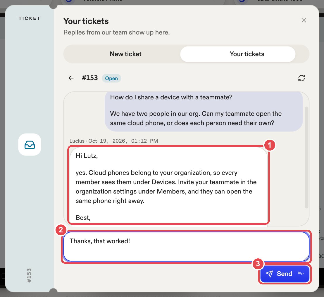 A ticket thread with three numbered red markings: the team's reply, the reply box, and the Send button