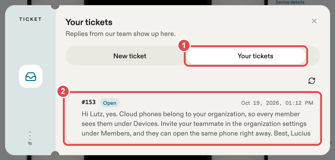 The Your tickets list with two numbered red markings: the Your tickets tab and a ticket row