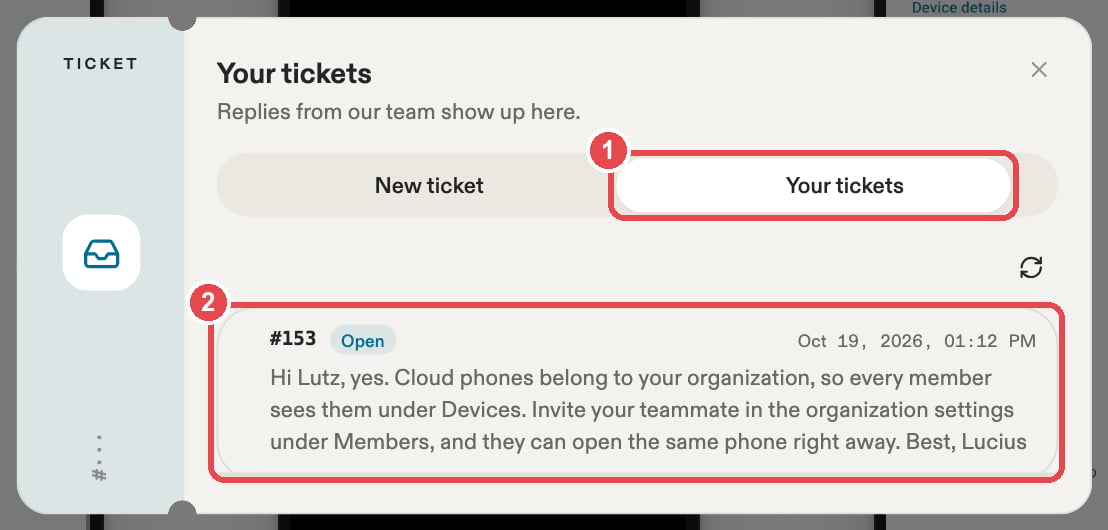 The Your tickets list with two numbered red markings: the Your tickets tab and a ticket row
