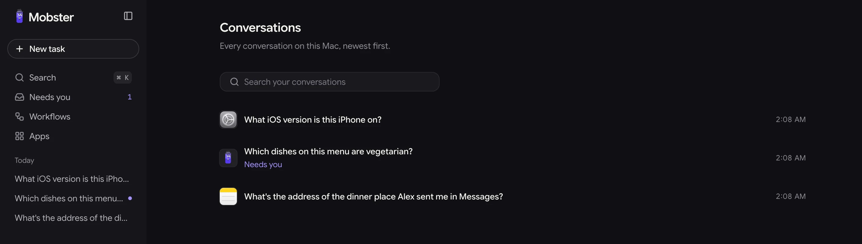 All conversations: each conversation with its app, its title and when it last changed, under a search box.