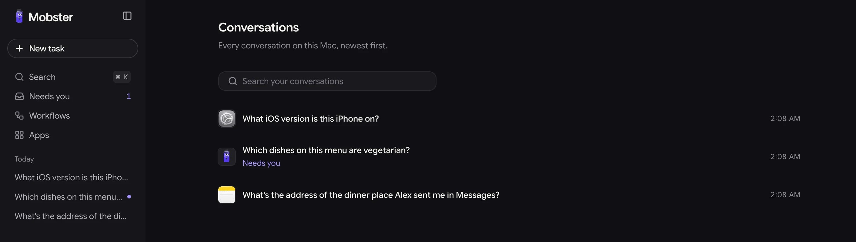 All conversations: each conversation with its app, its title and when it last changed, under a search box.