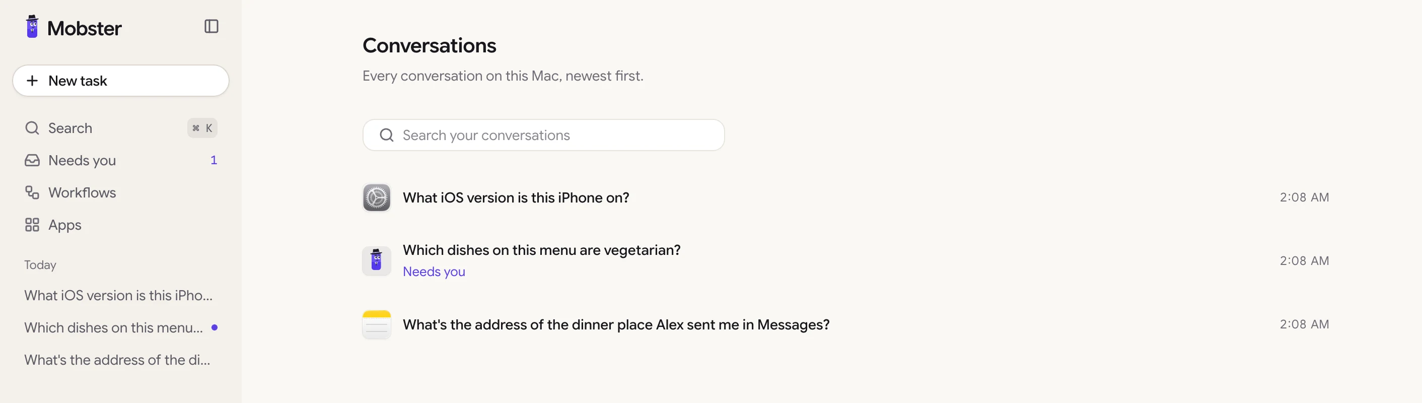 All conversations: each conversation with its app, its title and when it last changed, under a search box.
