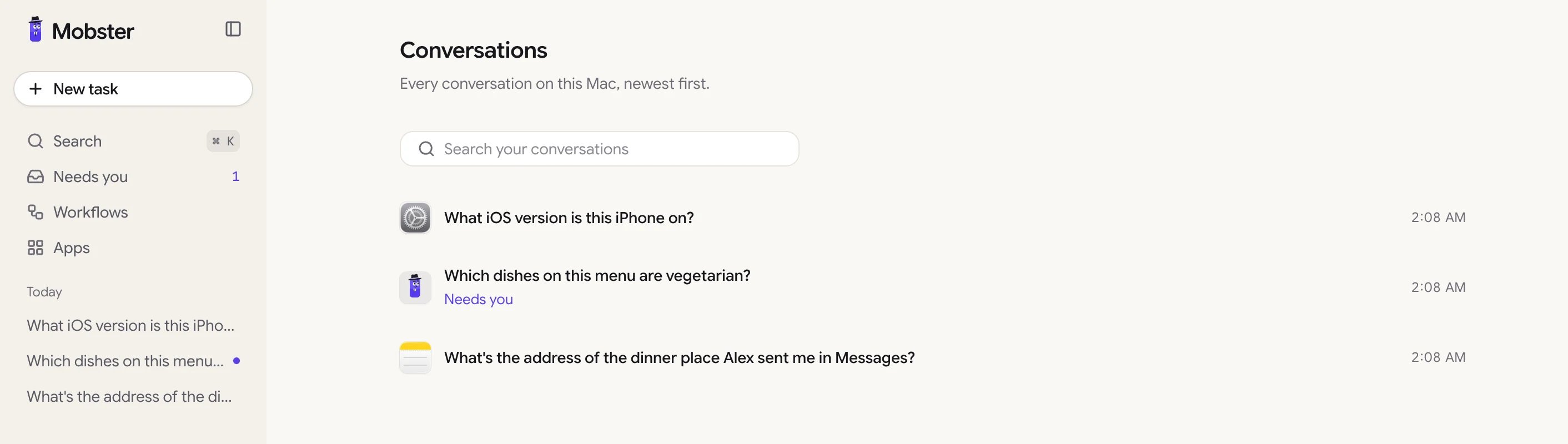All conversations: each conversation with its app, its title and when it last changed, under a search box.