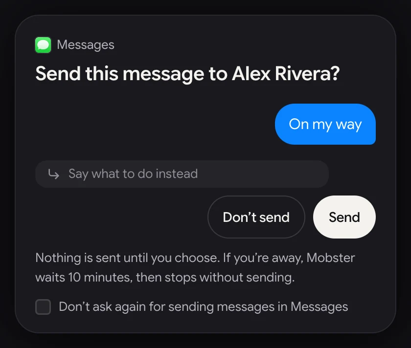 Mobster for Mac asking before a send, with the message text and the buttons Send and Don't send.