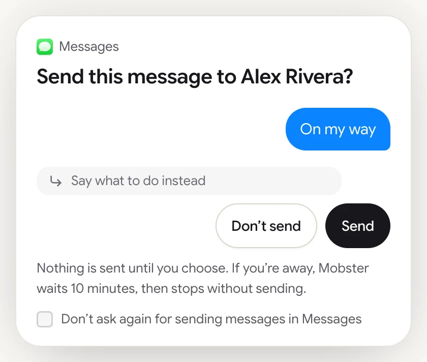 Mobster for Mac asking before a send, with the message text and the buttons Send and Don't send.