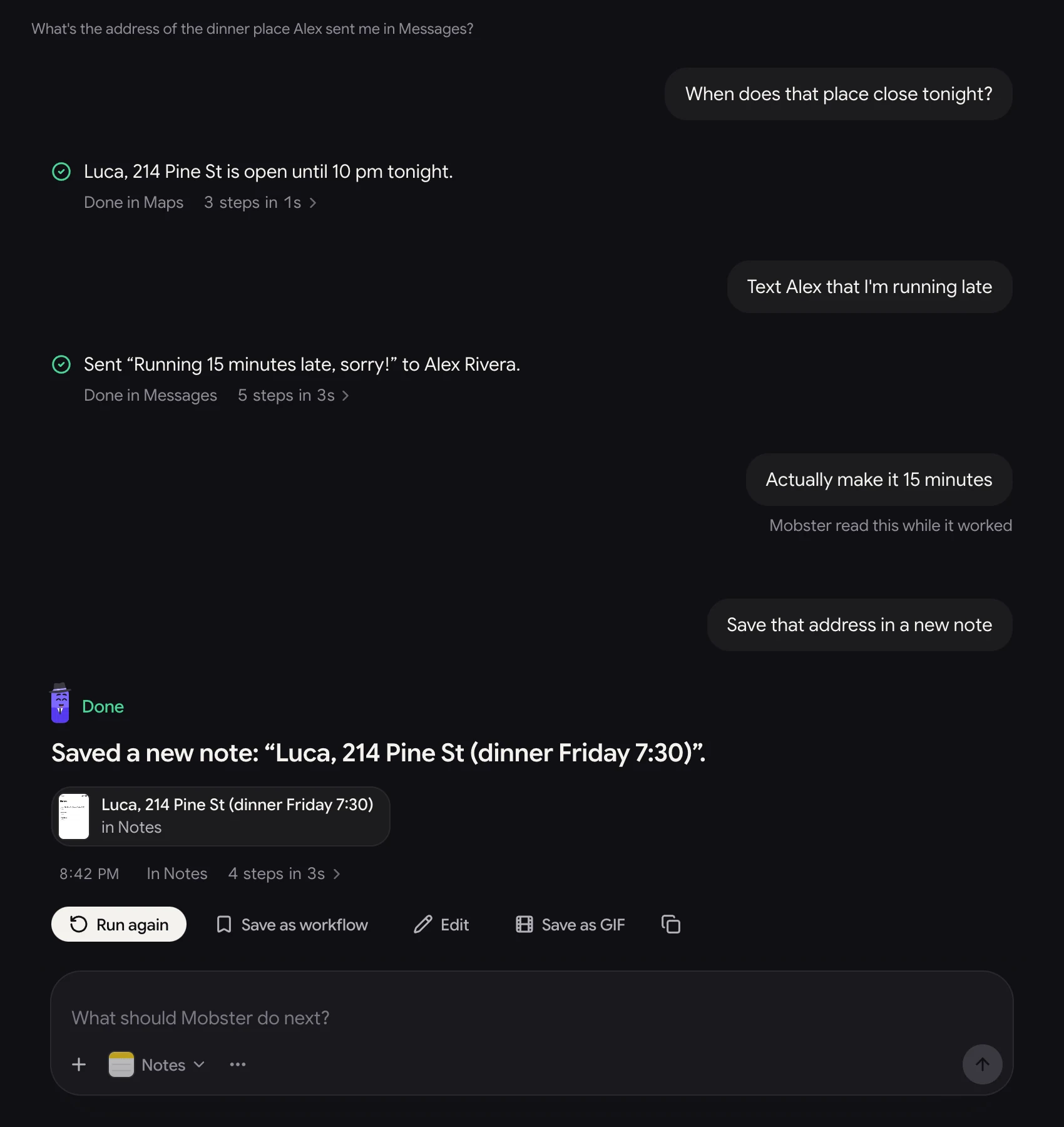 A conversation: a sent message, a note Mobster read while it worked, and the next task's result.