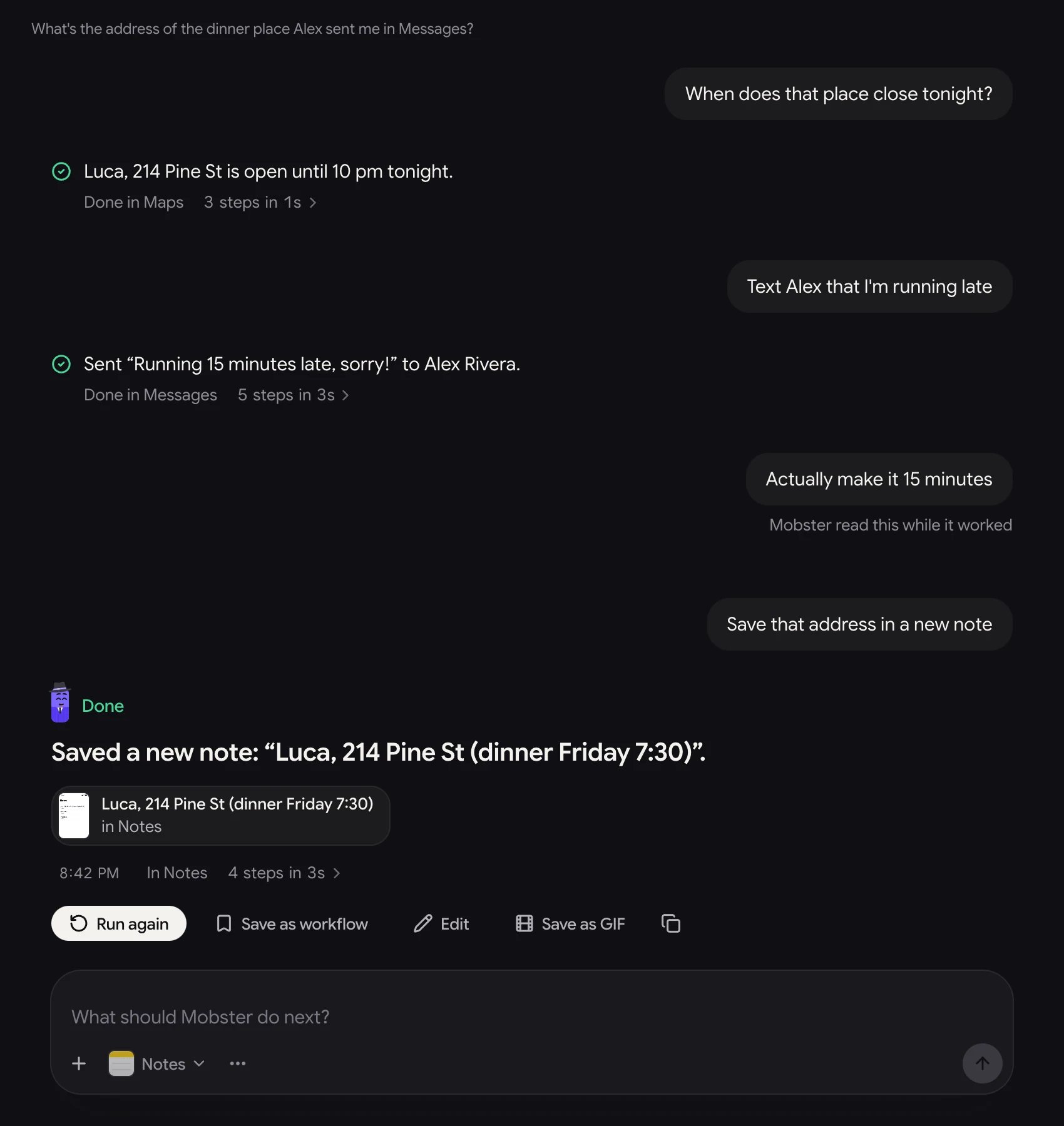 A conversation: a sent message, a note Mobster read while it worked, and the next task's result.