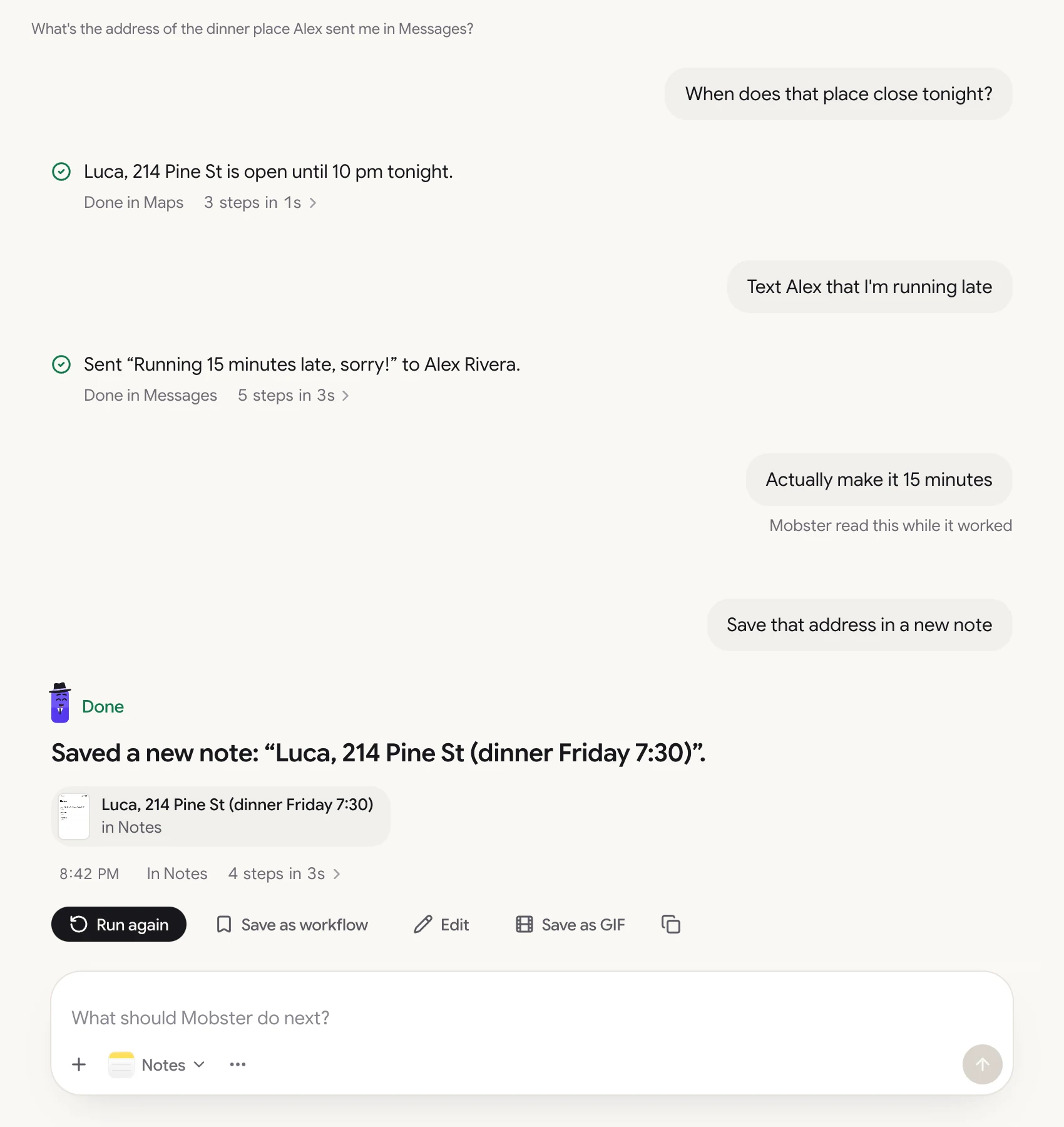 A conversation: a sent message, a note Mobster read while it worked, and the next task's result.