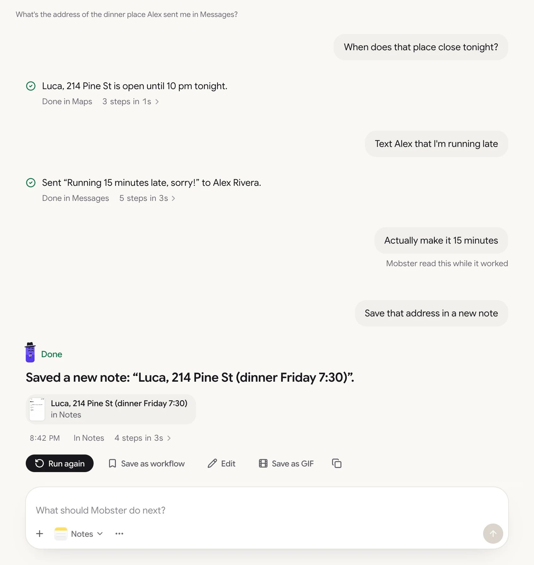A conversation: a sent message, a note Mobster read while it worked, and the next task's result.