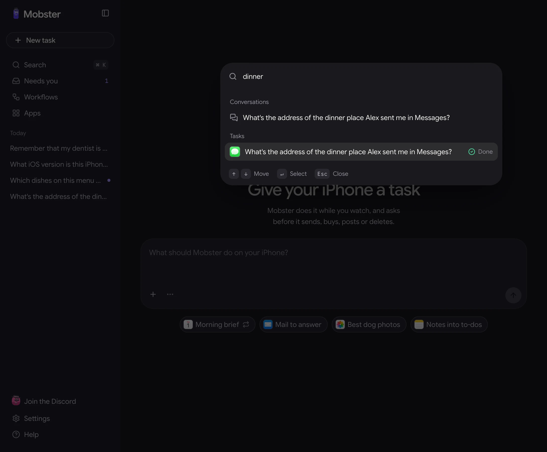 The search palette open over the task page, with conversations matching the words typed.