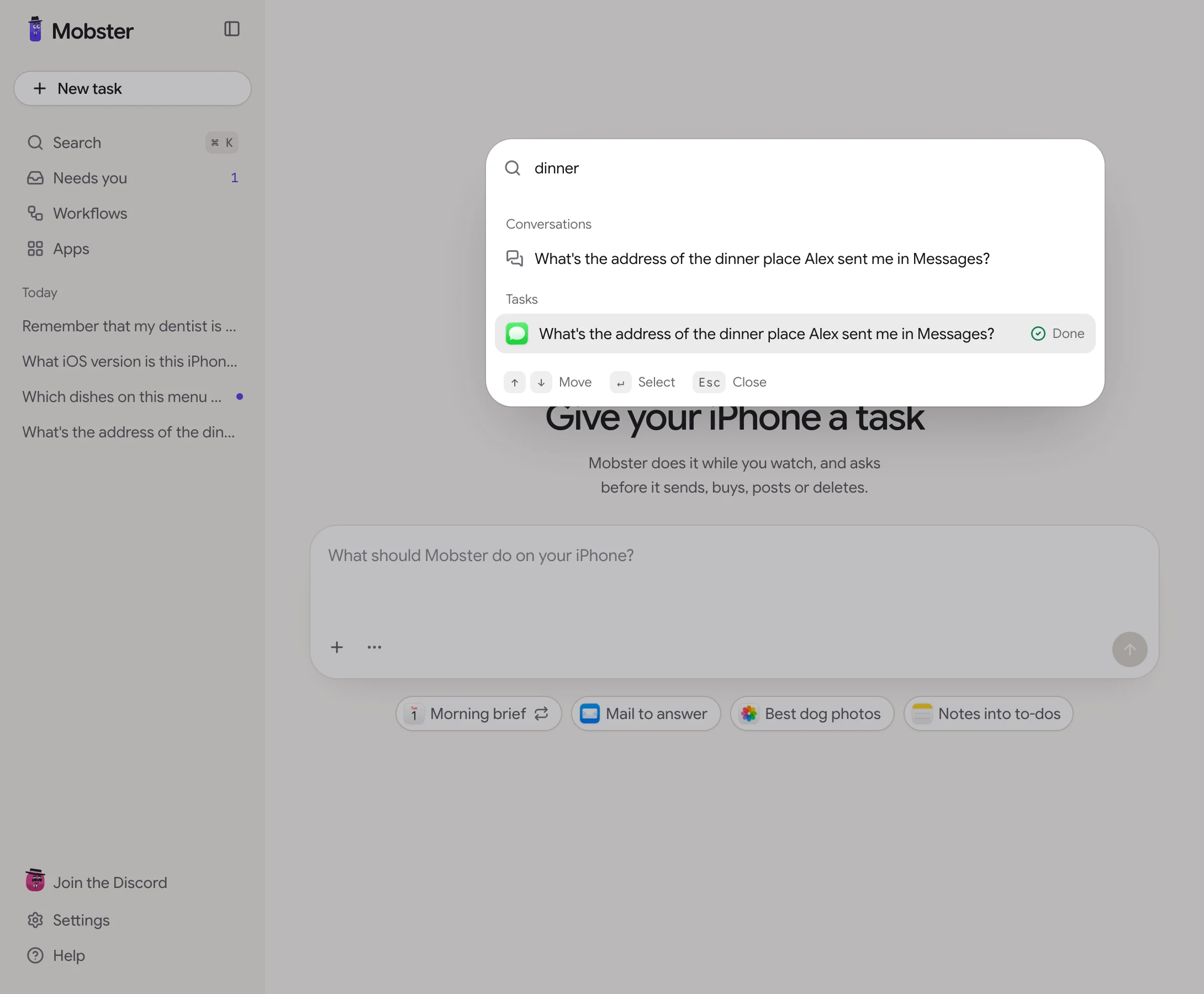 The search palette open over the task page, with conversations matching the words typed.