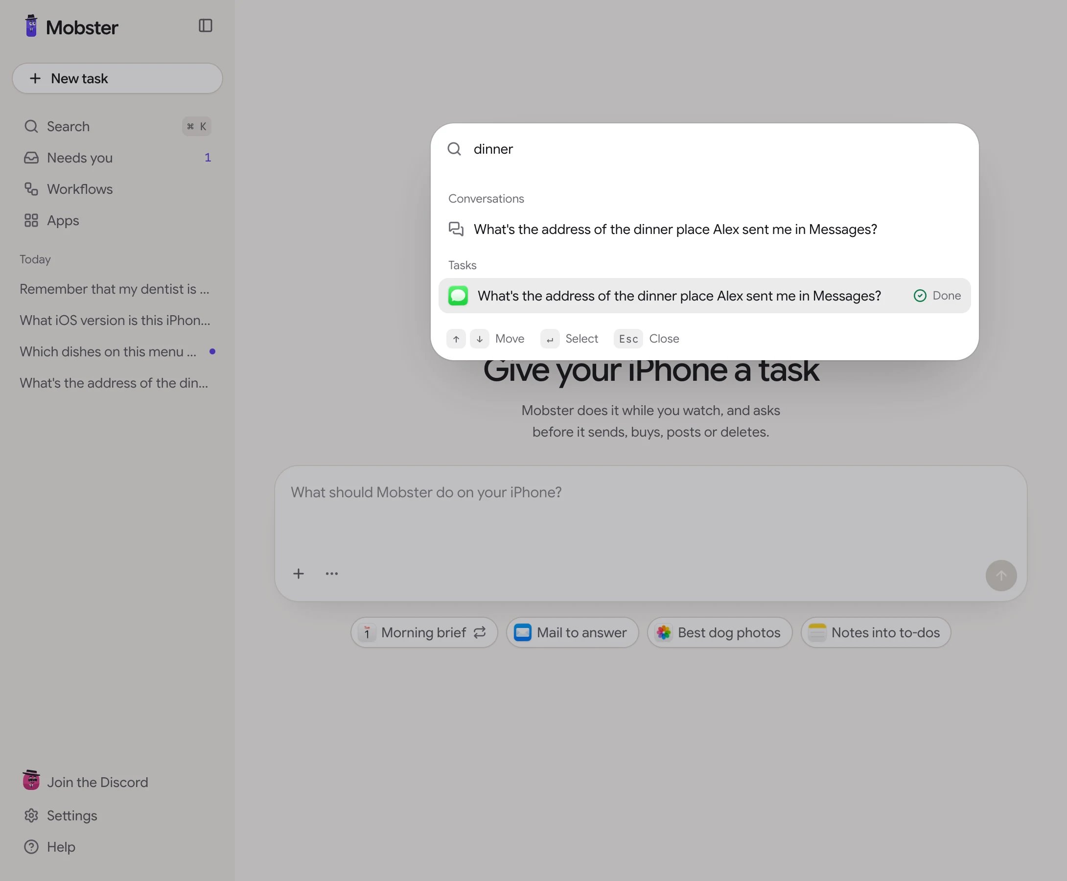 The search palette open over the task page, with conversations matching the words typed.