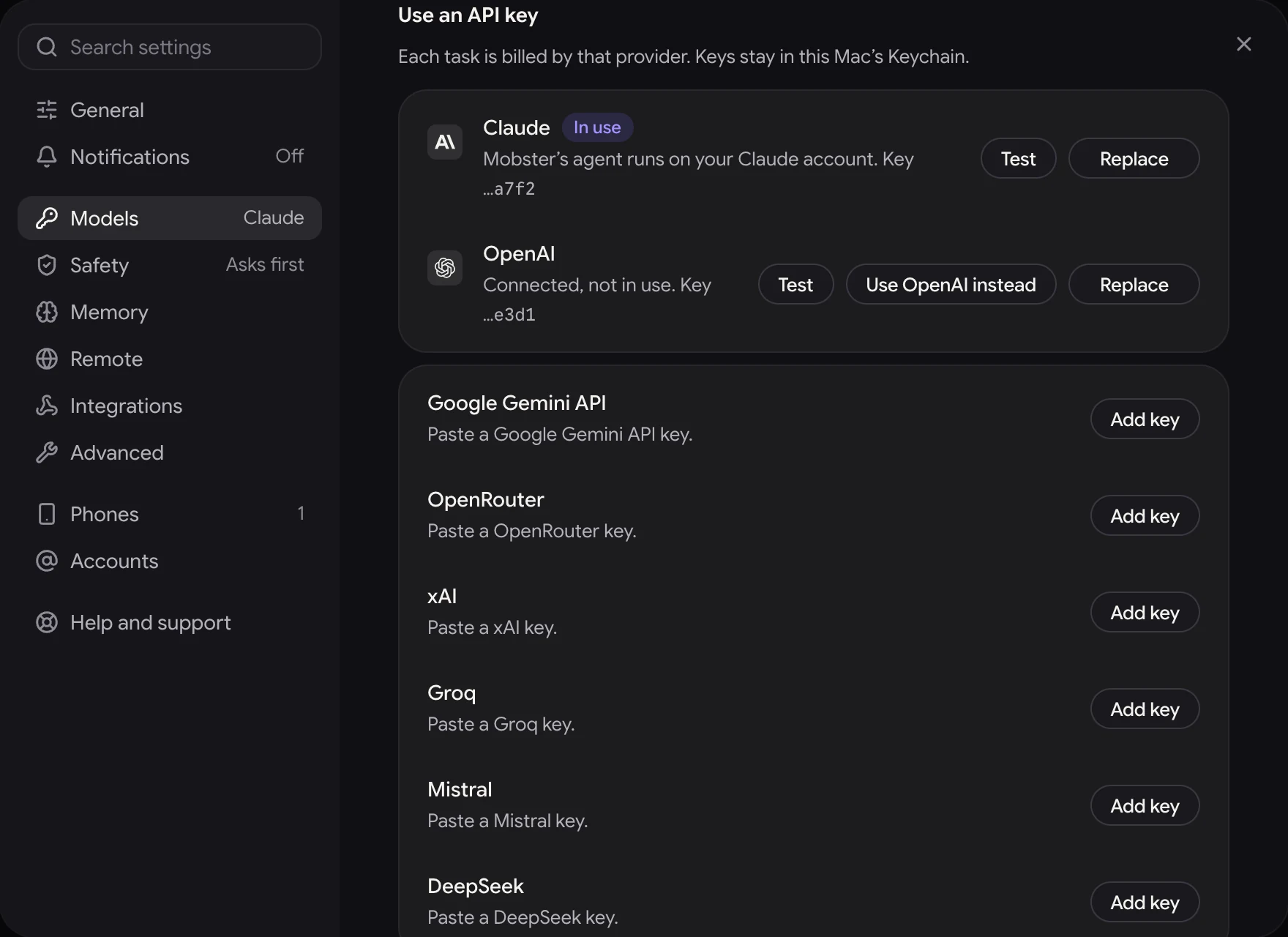 Settings › Models, Use an API key: Claude in use, OpenAI connected but not in use, and the other providers' keys.