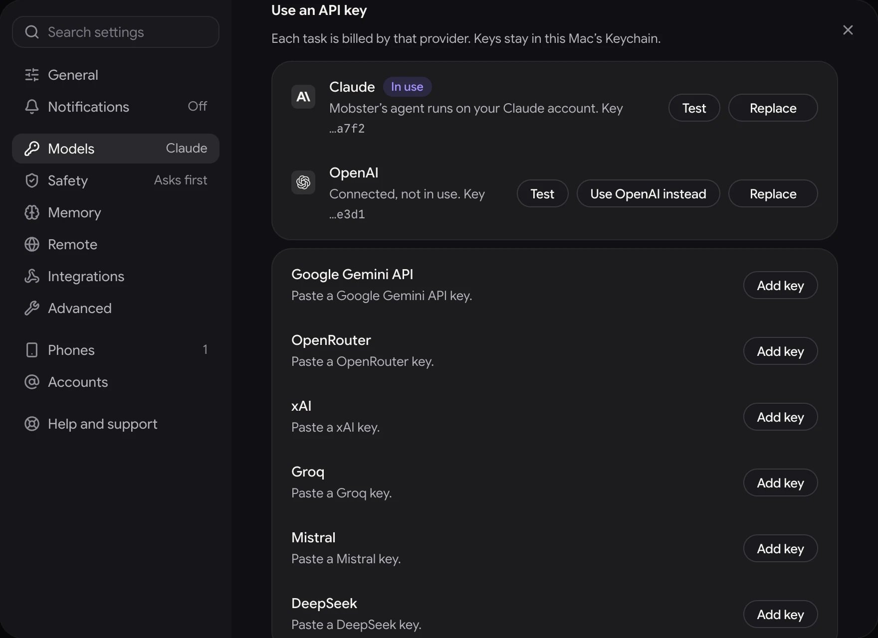 Settings › Models, Use an API key: Claude in use, OpenAI connected but not in use, and the other providers' keys.