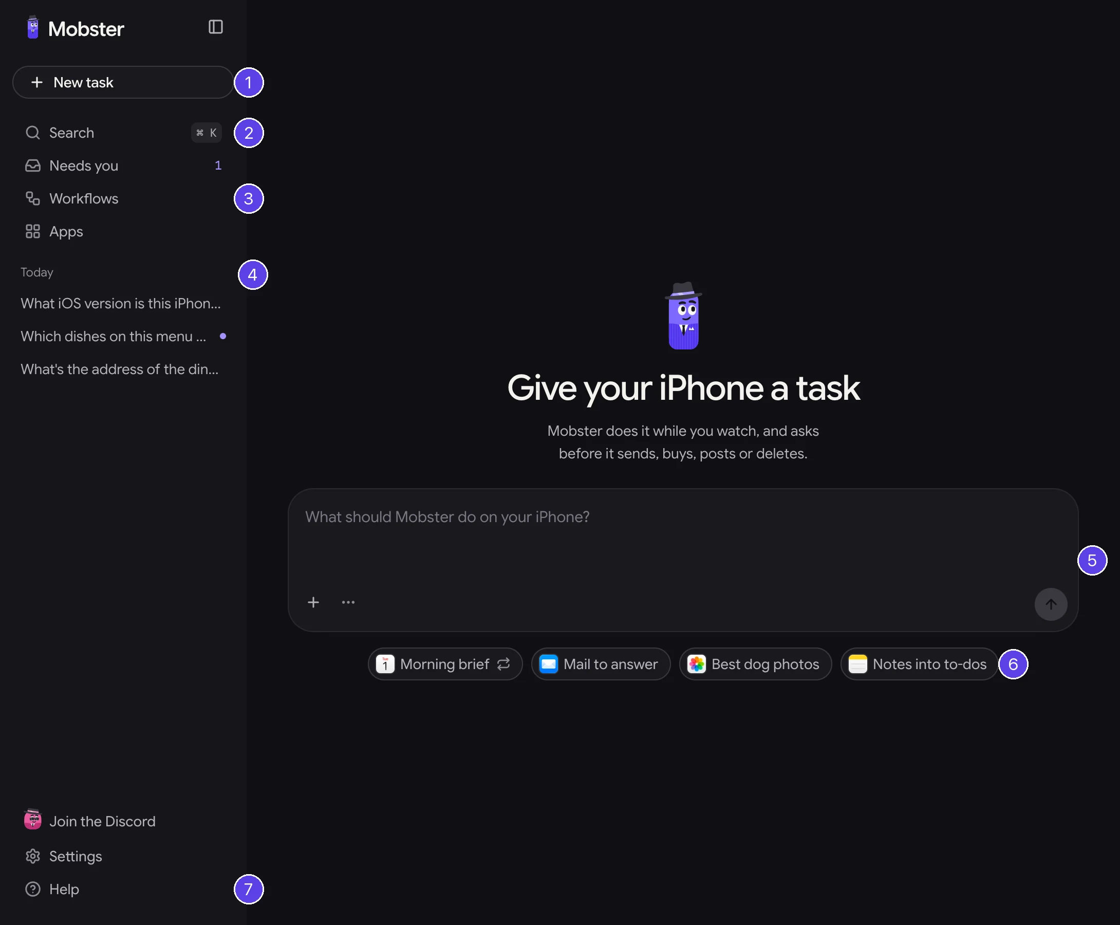 The task page with numbered markers: 1 New task, 2 Search, 3 Workflows and Apps, 4 your conversations by day, 5 the task box, 6 the starters, 7 Help.