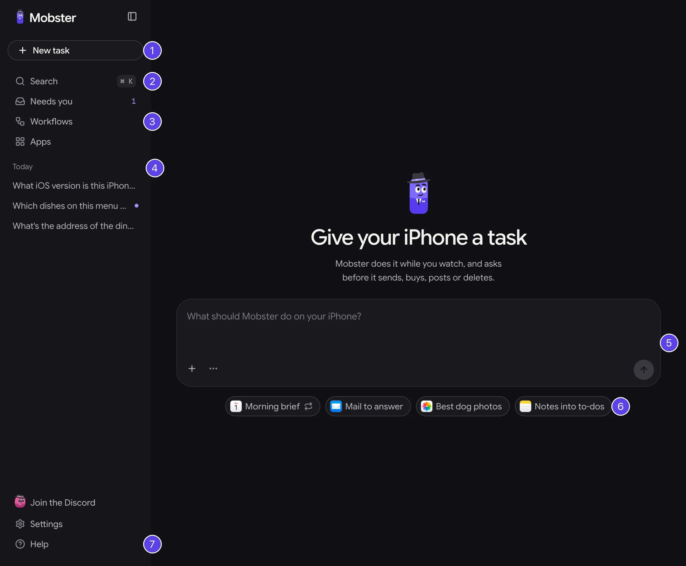 The task page with numbered markers: 1 New task, 2 Search, 3 Workflows and Apps, 4 your conversations by day, 5 the task box, 6 the starters, 7 Help.