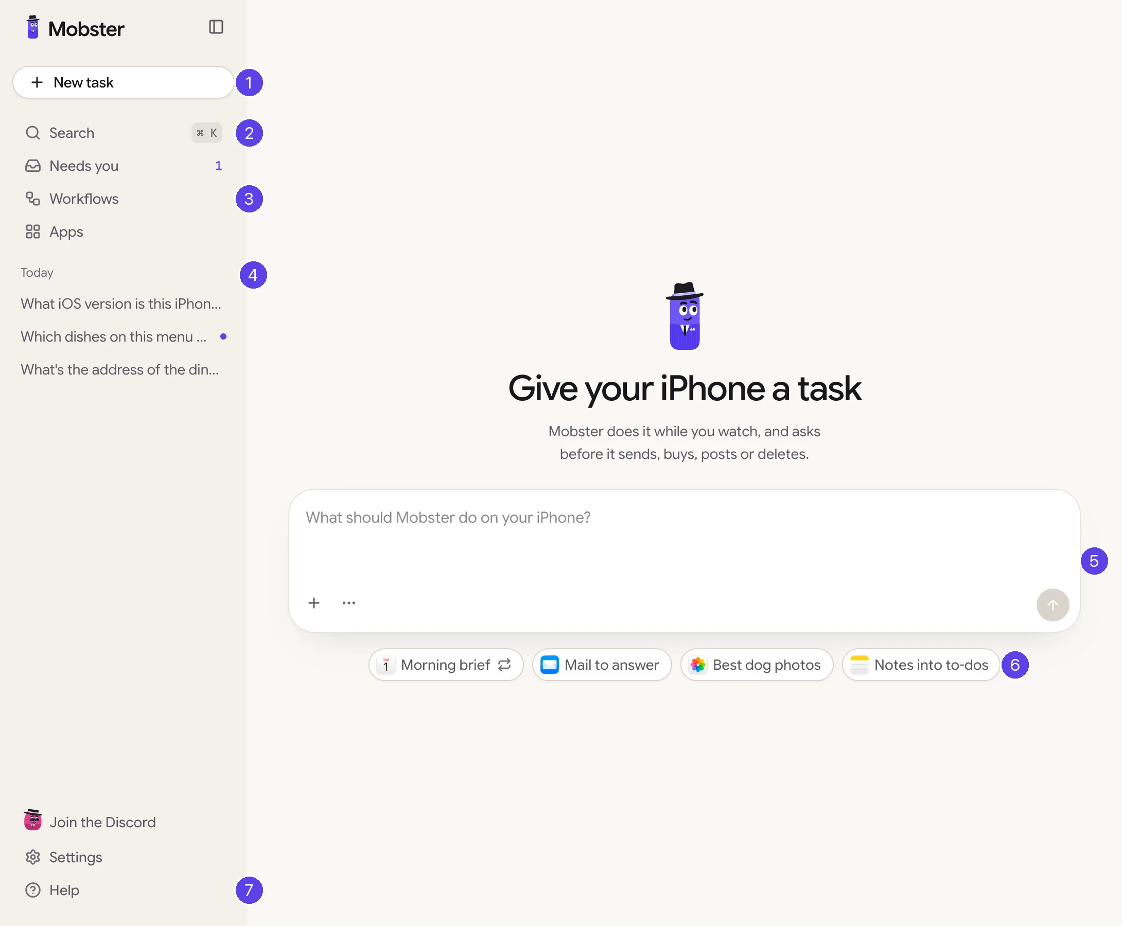 The task page with numbered markers: 1 New task, 2 Search, 3 Workflows and Apps, 4 your conversations by day, 5 the task box, 6 the starters, 7 Help.