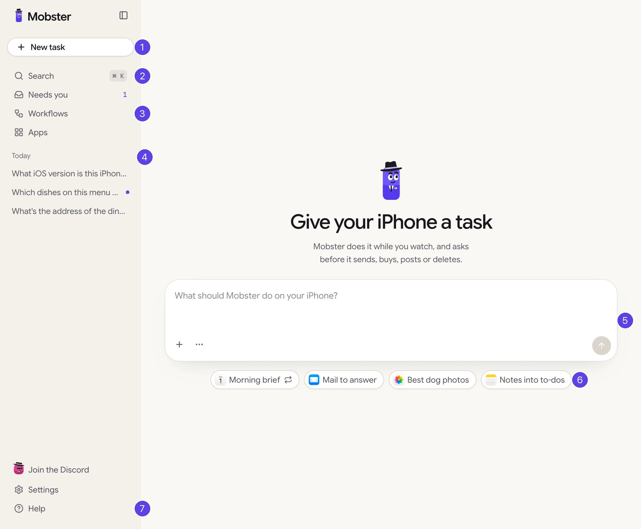 The task page with numbered markers: 1 New task, 2 Search, 3 Workflows and Apps, 4 your conversations by day, 5 the task box, 6 the starters, 7 Help.