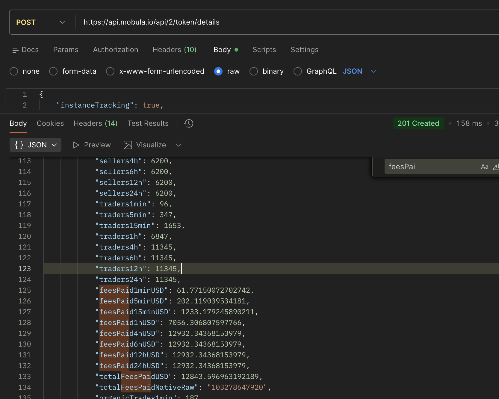 Postman screenshot showing API response with feesPaid1minUSD, feesPaid5minUSD, and other timeframe-based fee fields