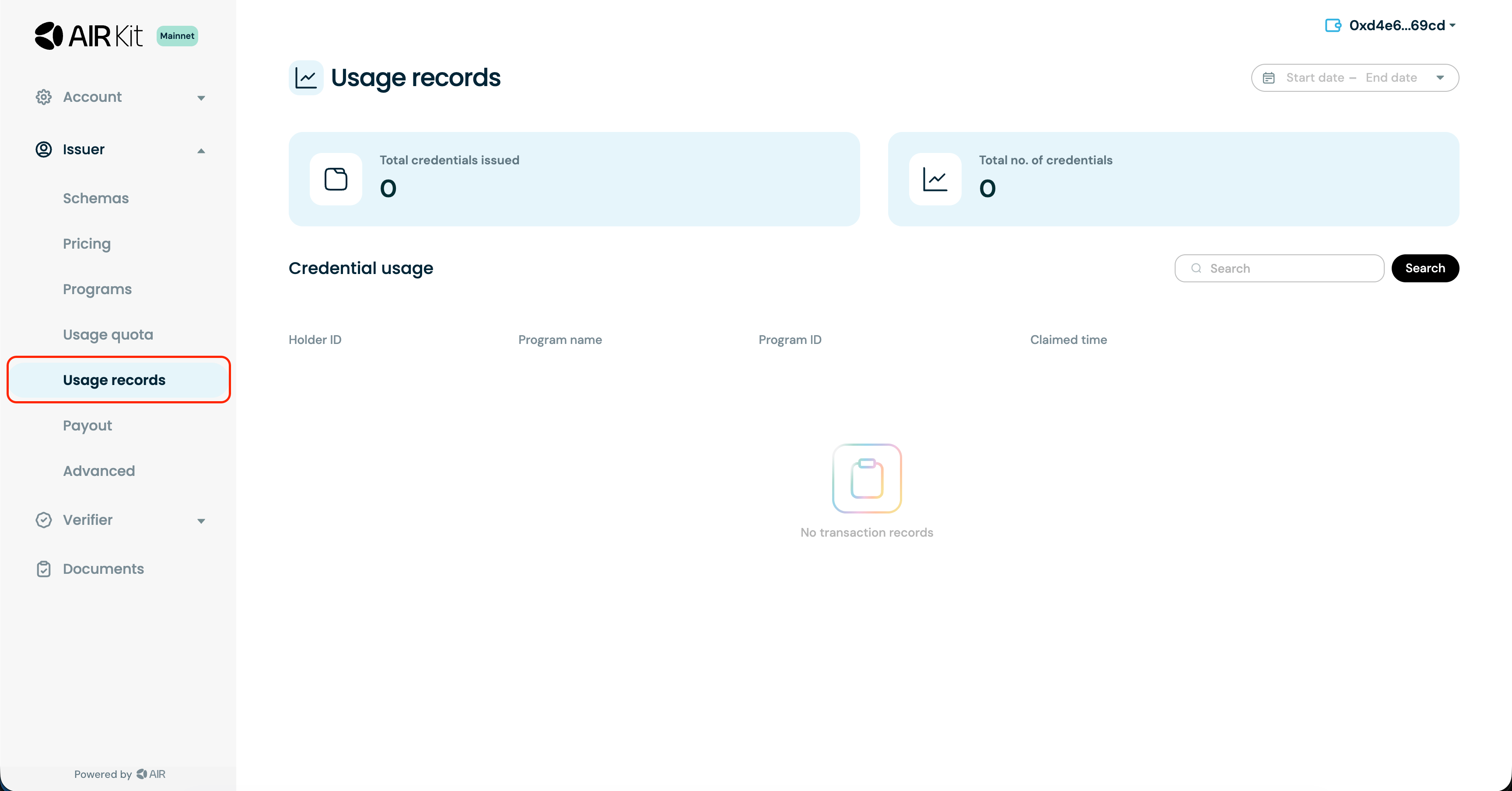 Issued credential records on the Usage Records page
