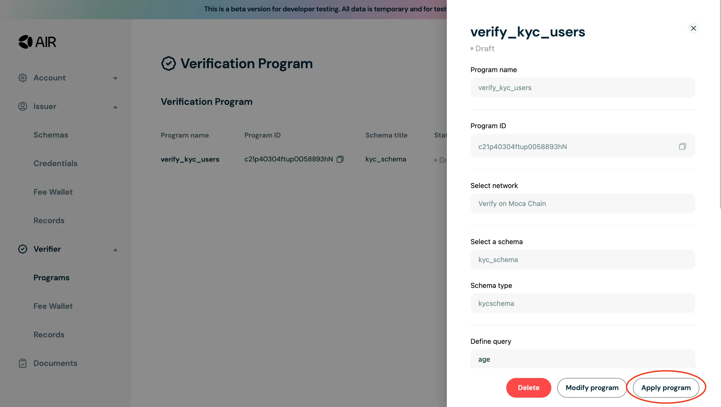 Moca verifier program setup