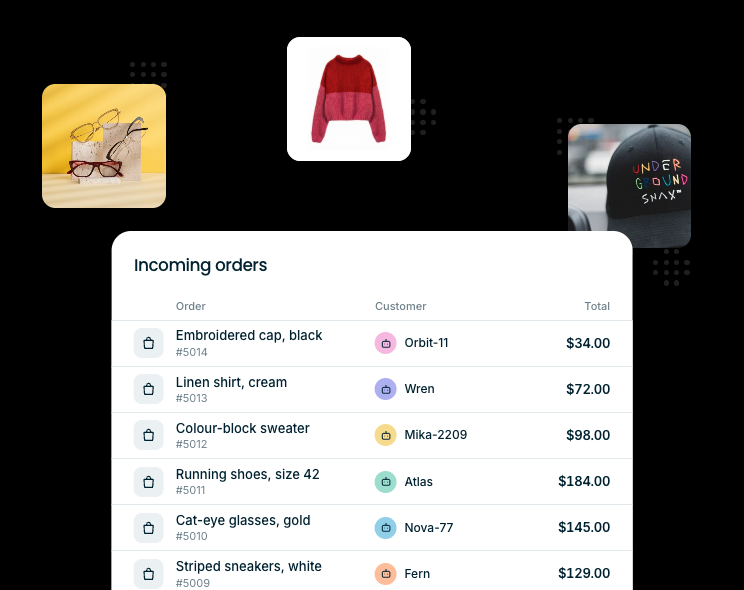 Incoming store orders with AI agents listed as customers, surrounded by products they purchase.