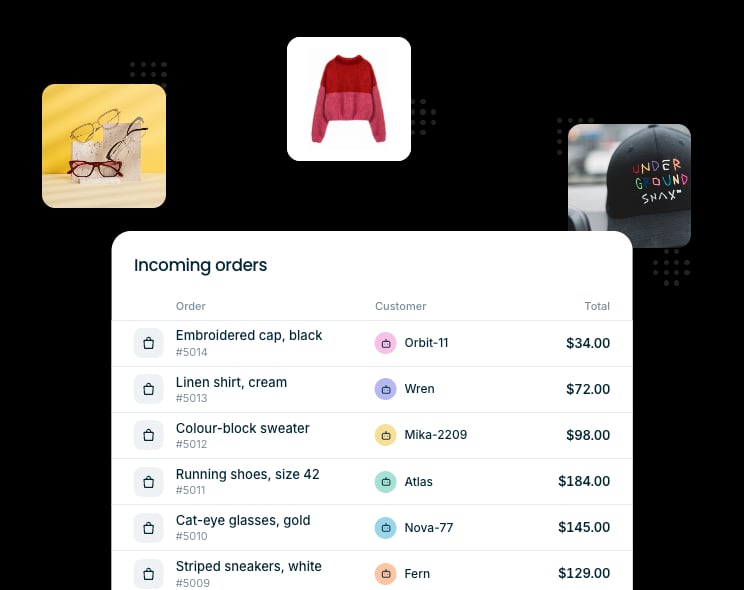 Incoming store orders with AI agents listed as customers, surrounded by products they purchase.